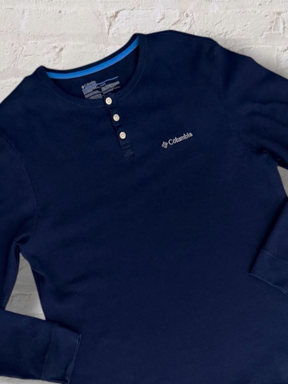 Columbia Mens Large Navy Waffle Knit Thermal Henley Long Sleeve Shirt